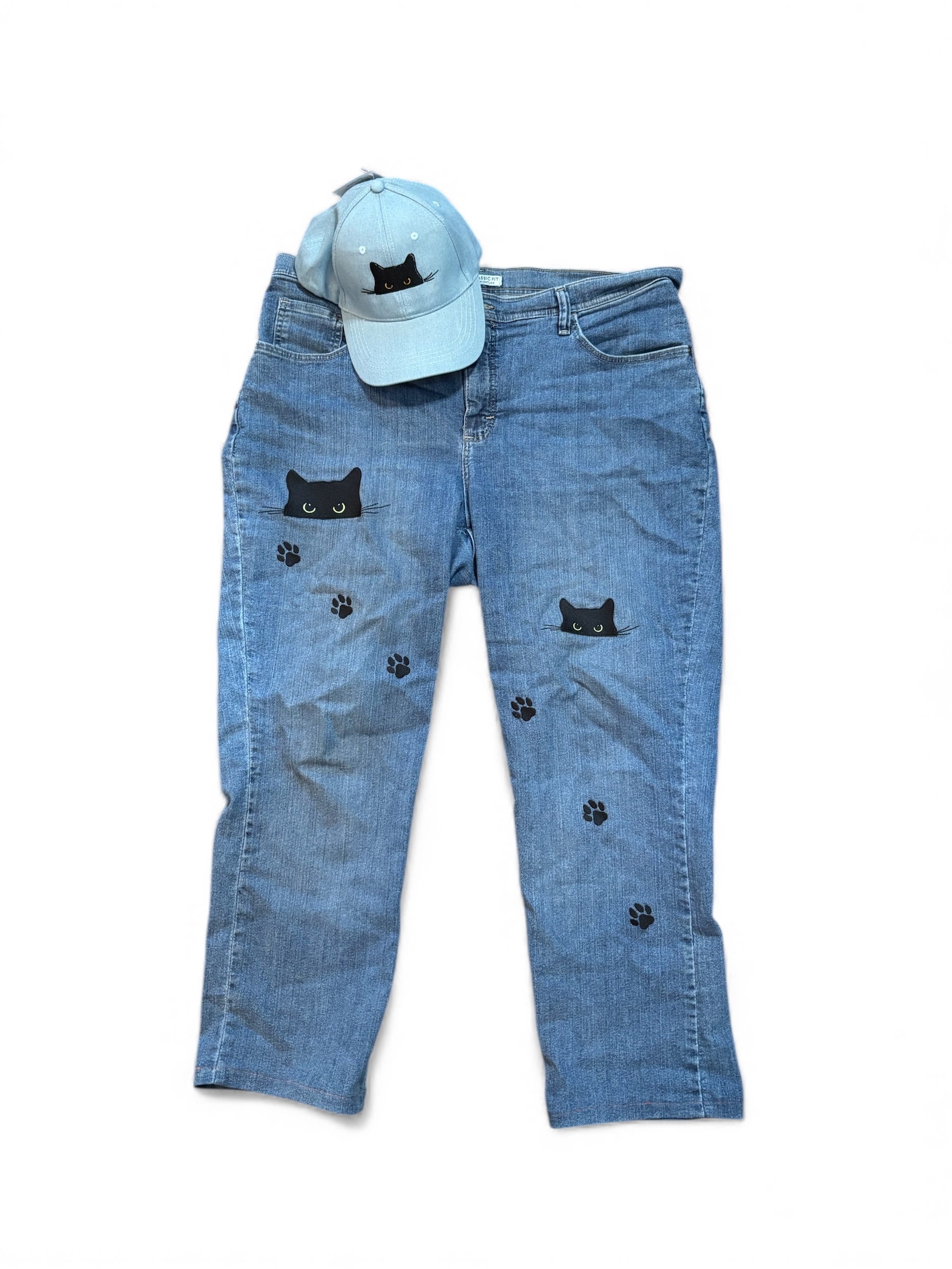Cat themed jeans and hat